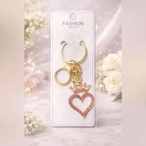 Fashion Jewelry Gold Keychain with Pink Crystal Heart and Crown Charm